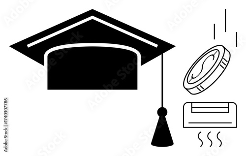 Graduation cap, dollar coin, and cash register illustrate education, cost, and economic opportunities. Ideal for financial aid, tuition fees, scholarships, investment in education savings education
