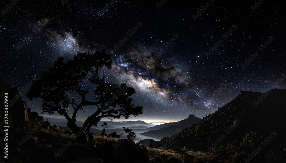 Naklejka premium Stunning night sky with milky way galaxy over a mountain landscape
