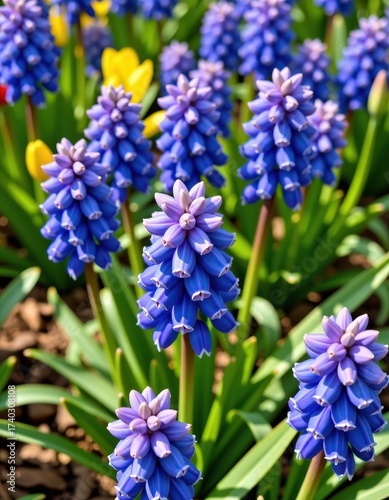 Clusters of vibrant blue grape hyacinths bloom in a spring garden, their delicate flowers densely packed along stems, detail, floral, blossoms
