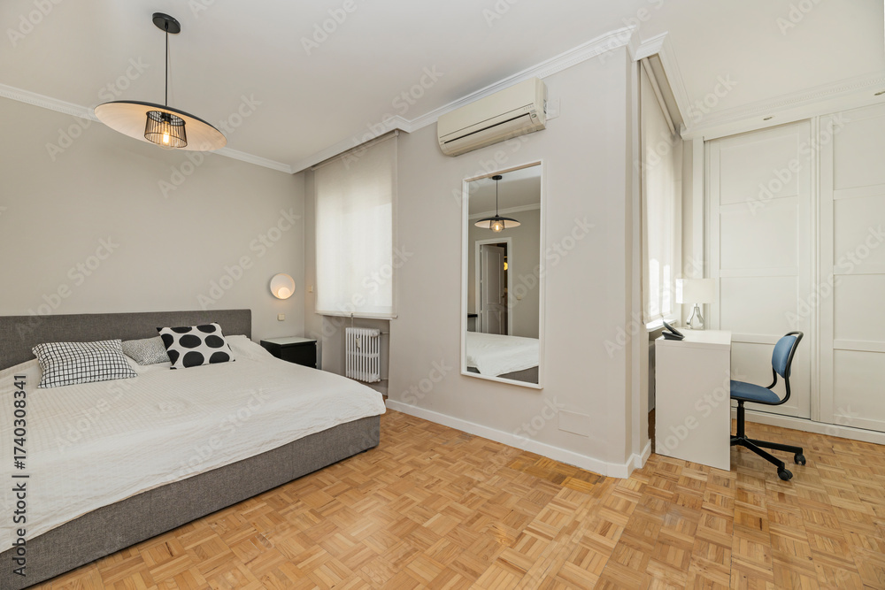 custom made wallpaper toronto digitalMaster bedroom with a king-size bed with a blue velvet upholstered headboard, floating nightstands, and adjustable reading lamps