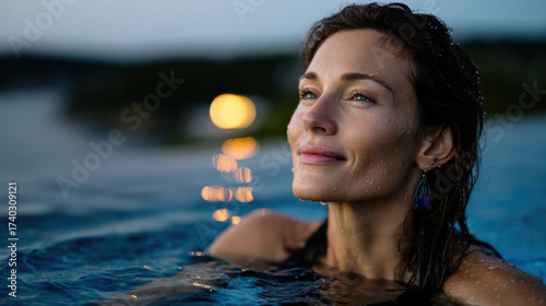 A serene woman enjoying a peaceful evening swim, her hair gently wet and a soft smile on her face, capturing the essence of relaxation and tranquility in a stunning pool.
