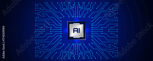 AI Chip Schematic: The core of modern intelligence, a detailed depiction of an AI microchip, illustrated with intricate circuit designs, representing the future of technology.