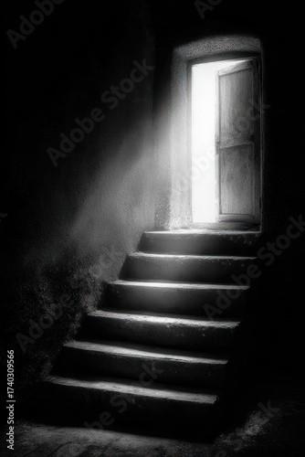 A grayscale photo of a staircase leading to an open door bathed in bright light