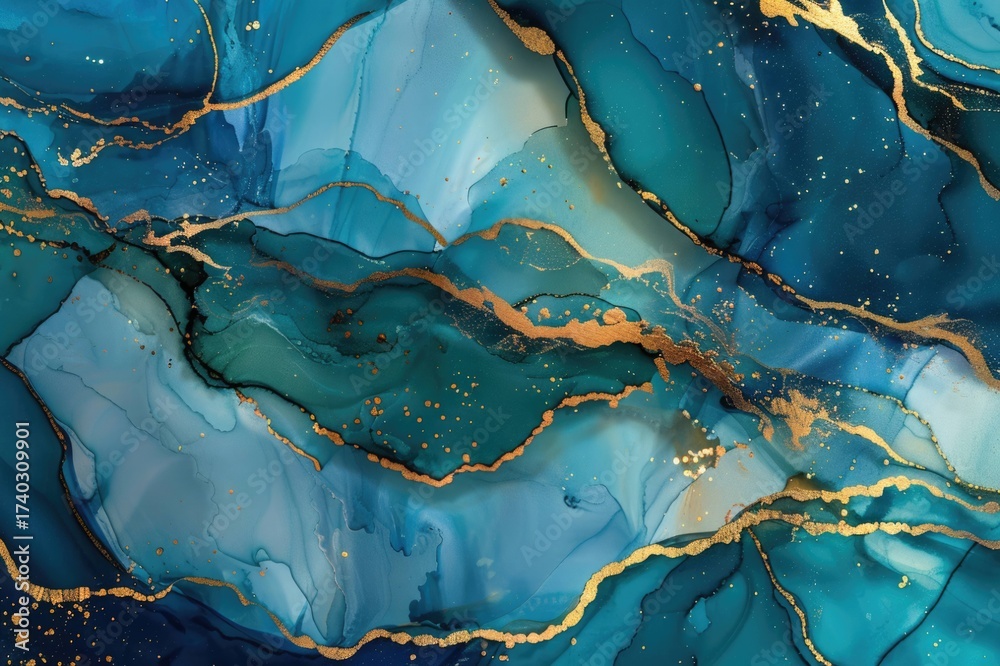 Fototapeta premium Alcohol Ink Fluid Pattern – Turquoise with Gold Metallic Veins