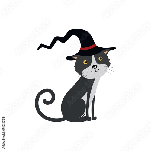 Cute Cartoon black kitten in a halloween hat