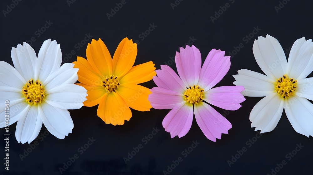 Obraz premium Four Colorful Cosmos Flowers in a Row on a Dark Background