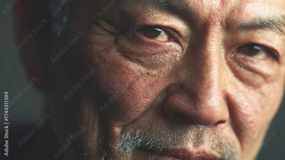 Obraz premium Close-up portrait of an older Asian man's face with expressive eyes, showing natural skin texture and grey mustache/beard, captured in a detailed studio shot with dramatic lighting.