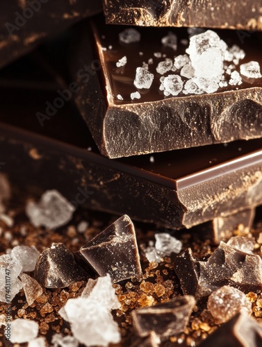 Dark chocolate pieces with coarse sea salt resting on a wooden surface, showcasing a delicious combination of flavors during a cozy culinary moment
