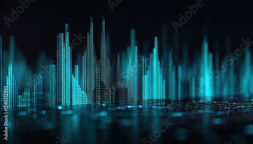 Abstract cityscape rendered in cool teal tones, resembling digital data streams