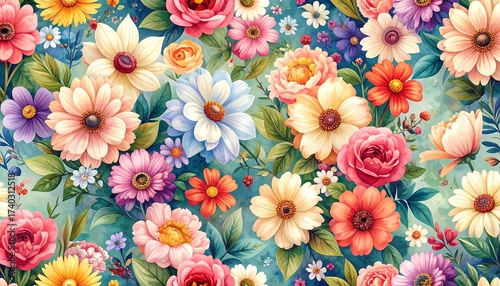Watercolor floral pattern of colorful flowers, perfect for backgrounds and designs