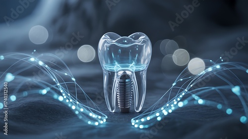Futuristic Dental Implant with Glowing Light Trails