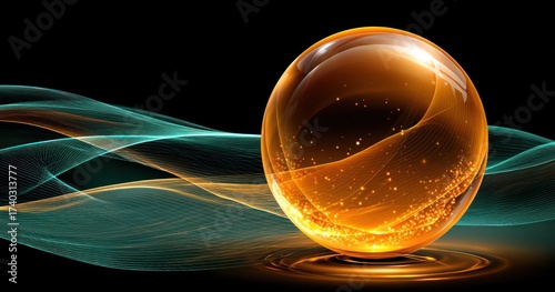 Gleaming golden orb with internal sparks, set against flowing teal and gold abstract lines