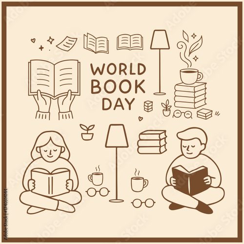 World book day celebration with children reading books and lamps