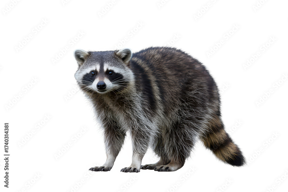 Fototapeta premium Raccoon standing with striped tail and distinctive black facial markings