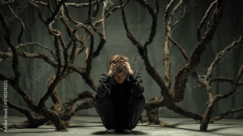 The young man is mentally depressed, he sits huddled on the floor, clutching his head in his hands in despair, while black, terrible branches of unknown trees reach out to him from all sides