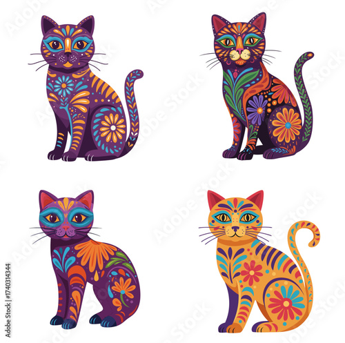 Colorful Mexican alebrije cats in whimsical floral designs, white background, isolated, vector, set  
