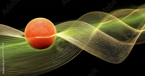 A vibrant orange sphere floats amid flowing, iridescent, glowing lines against a dark background