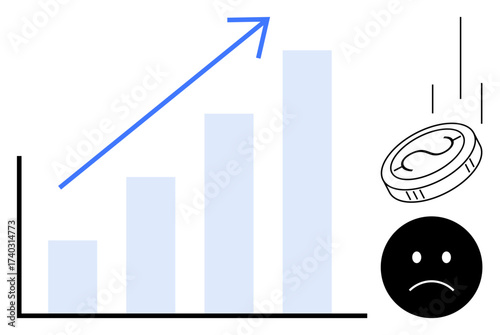 Blue upward bar graph with arrow and falling coin near a sad face. Ideal for finance, economy, investment risks, financial loss, market analysis, emotional impact, business strategies. Simple flat