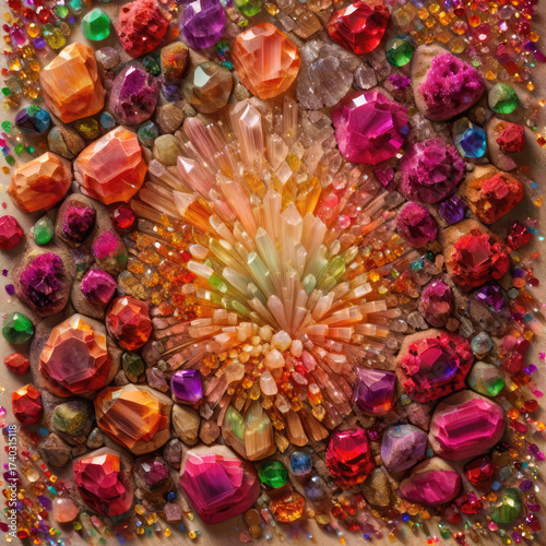 Explosion of Warm-Toned Crystals and Gemstones with a Radial Burst Effect