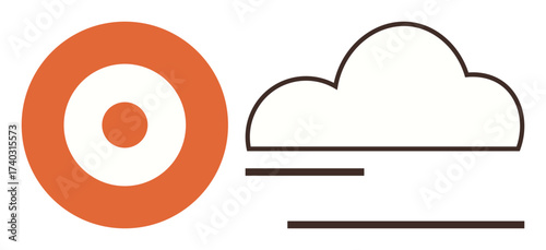 Orange target alongside a cloud silhouette and horizontal lines conveying focus, strategy, and connectivity. Ideal for teamwork, planning, cloud technology, innovation, goal setting, vision