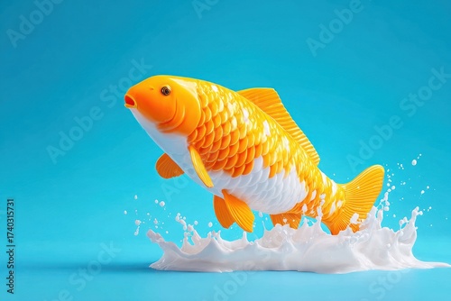 A vibrant orange and white carp leaps from creamy white liquid against a bright blue backdrop