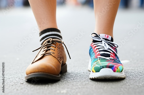 A pair of feet, one in a traditional Bavarian Haferlschuh and the other in a modern sneaker, stand side-by-side, symbolizing the harmonious blend of heritage and contemporary culture.