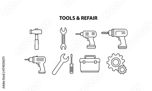 Tools & Repair Line Icon Set – Minimal Outline Vector Bundle
