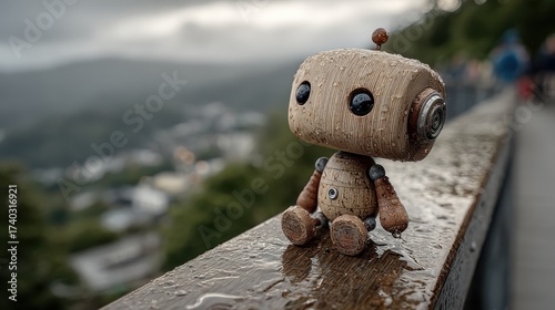Whimsical wooden robot sits wistfully on wet railing overlooking misty valley, evoking childhood nostalgia and quiet reflection