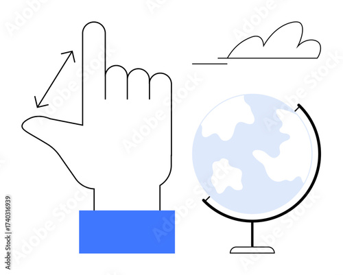 Hand gesture indicating movement, globe symbolizing world or geography, and cloud representing connectivity. Ideal for travel, navigation, technology, global connection, mapping, education simple