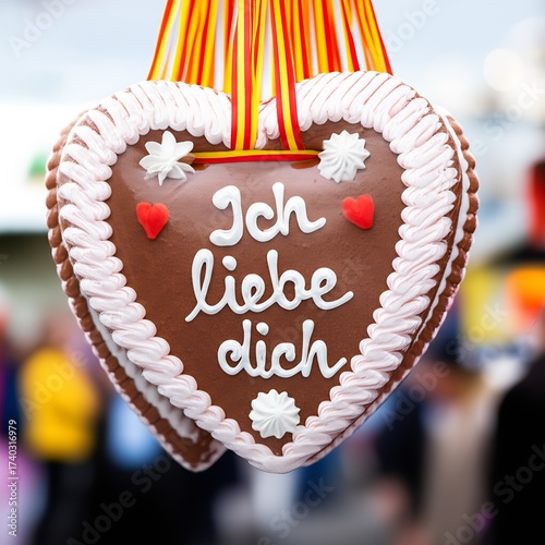 Lebkuchenherz necklace featuring a traditional German gingerbread heart inscribed with Ich liebe dich (I love you) or Spatzl (sweetheart) for romantic gifting.