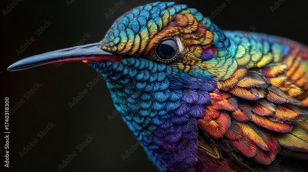 Obraz premium rainbow hummingbird with fantasy long tail and luminous petals, exotic iridescent bird approaching delicate flower, surreal tropical hummingbird in fantasy bloom scene