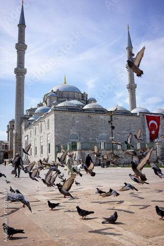 Photography Wide view of a mosque in istanbul with pigeons flying in the foreground and a Turkish flag on the building