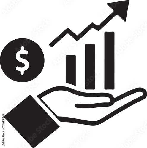 Dark blue hand holding increasing financial graph with dollar coin icon vector