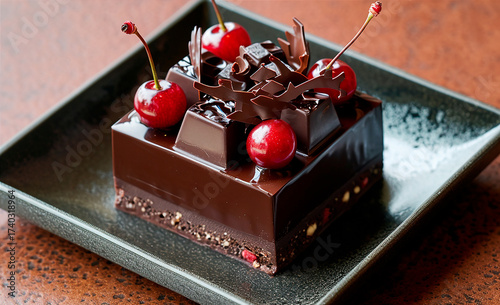 Elegante pastel de chocolate cuadrado con cerezas y adornos