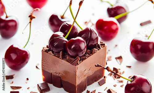 Pastel de chocolate cuadrado con cerezas y virutas