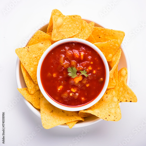 Nachos y salsa en un plato redondo, composición simétrica