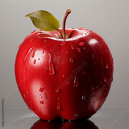 Manzana roja brillante con gotas de agua sobre fondo negro