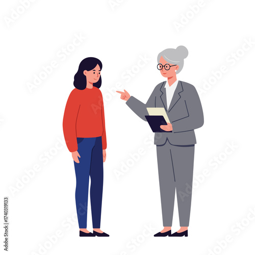 An older woman in a suit points at a younger woman in an orange shirt, conveying advice or instruction