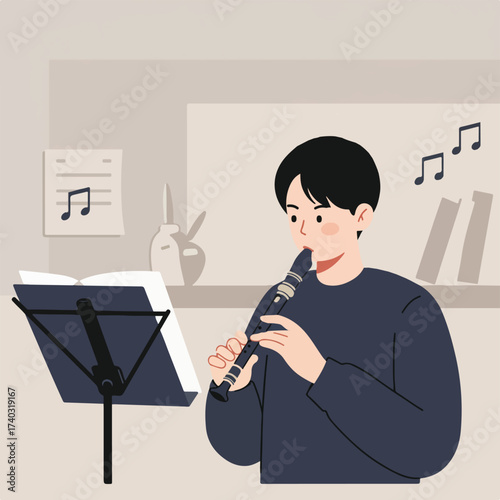Person plays recorder with sheet music and musical notes