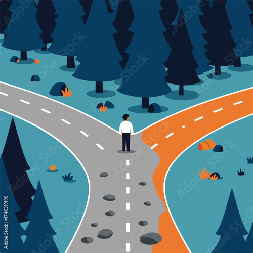 A person stands at a fork in the road, symbolizing choice, amidst a forest