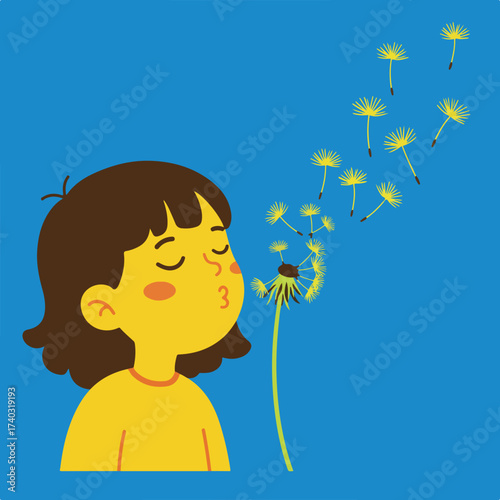 Child blowing dandelion seeds on a blue background