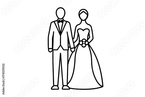 Minimalist Line Art Vector Illustration – Elegant Wedding Bride and Groom Couple Design