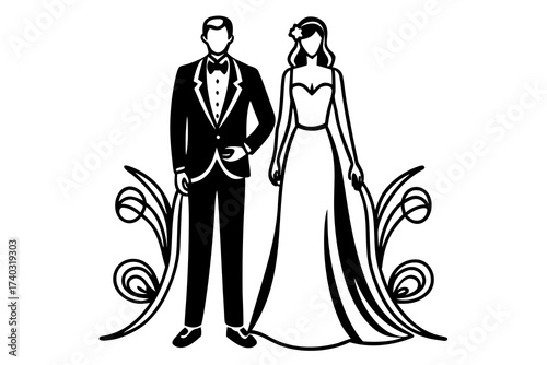 Minimalist Line Art Vector Illustration – Elegant Wedding Bride and Groom Couple Design