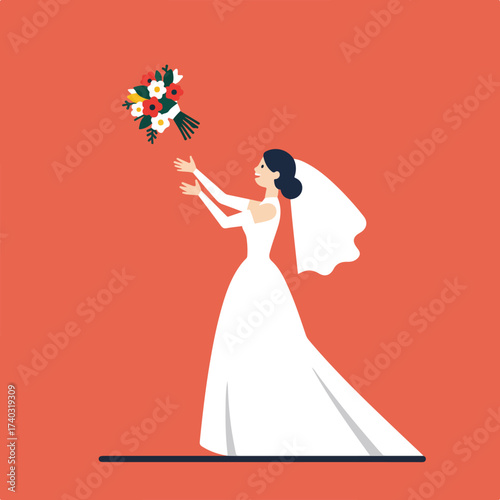 Stylized bride in white dress and veil tossing bouquet against coral background