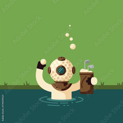 Diver in a golf course pond holding a golf ball and club bag