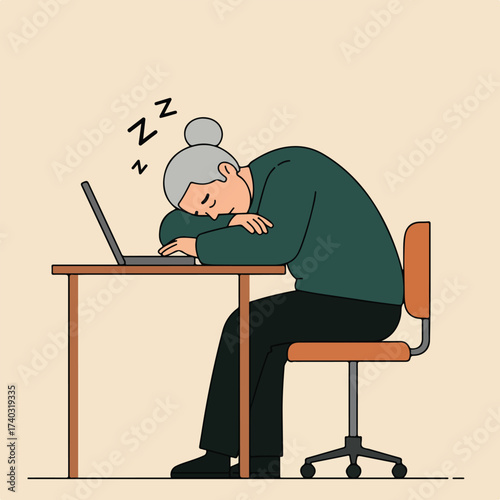 Older person asleep at desk with laptop, zzzs above head