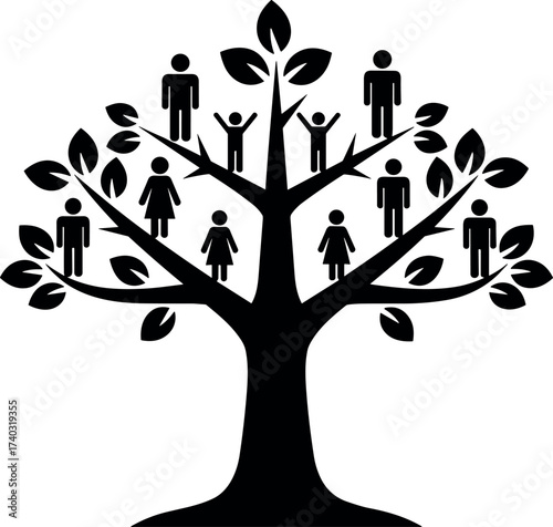 Family Tree Silhouette with Human Figures in Branches Representing Genealogy, Heritage, Ancestry, Generations, Parenthood, and Social Connection Concept