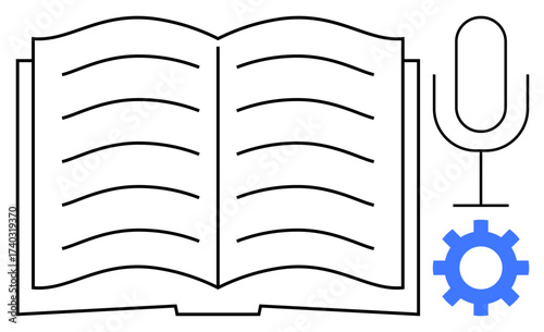 Open book with visible lines, microphone, and gear icon. Ideal for education, audiobook creation, technology, podcasting, self-learning digital tools and workflow. Simple flat metaphor