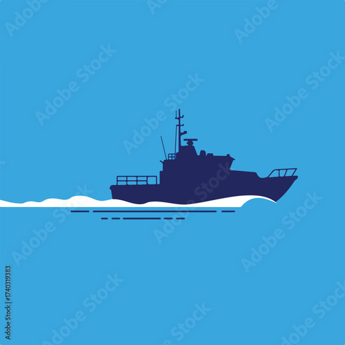 Dark silhouette of a fast patrol boat cutting through the water