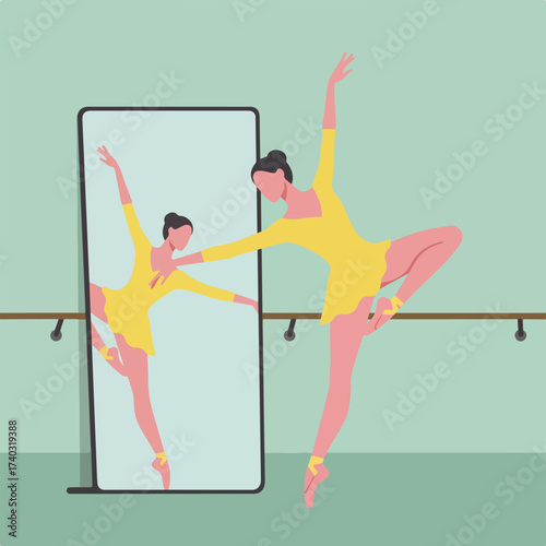 A dancer in a yellow leotard practices ballet poses in front of a mirror